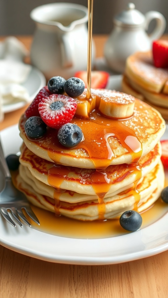 Fluffy Buttermilk Pancakes Recipe A stack of golden fluffy buttermilk pancakes with syrup and berries on a plate.